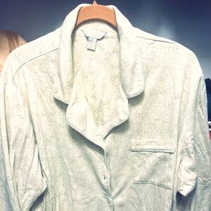 Pretty 2 piece pajama set, seafoam green & white, button up, long sleeve